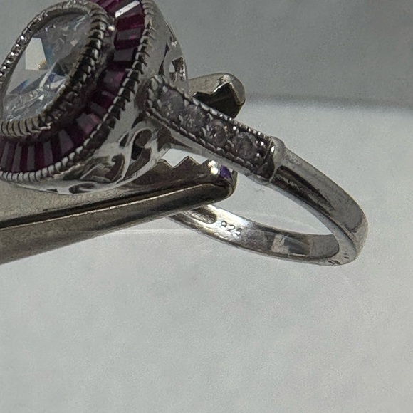 Rhodium Plated Sterling Art Deco Inspired Cushion Cut Faux Dia & Ruby Ring - Picture 4 of 7